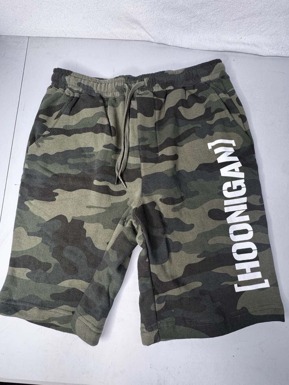 Hoonigan Sweat Shorts Size S Green Camo Fleece Drawstring Logo
